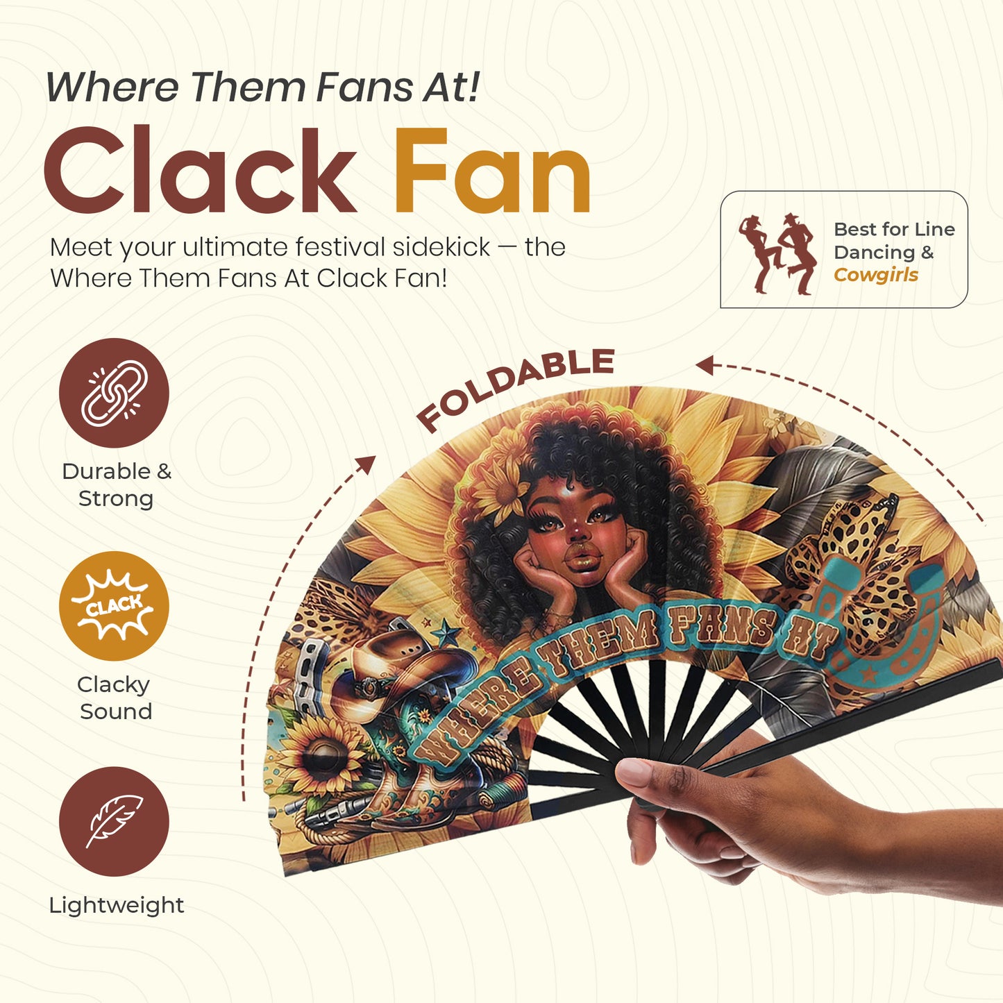 “Where Them Fans At” Afro Cowgirl Clack Fan – Sunflower, Leopard & Western Boots Design