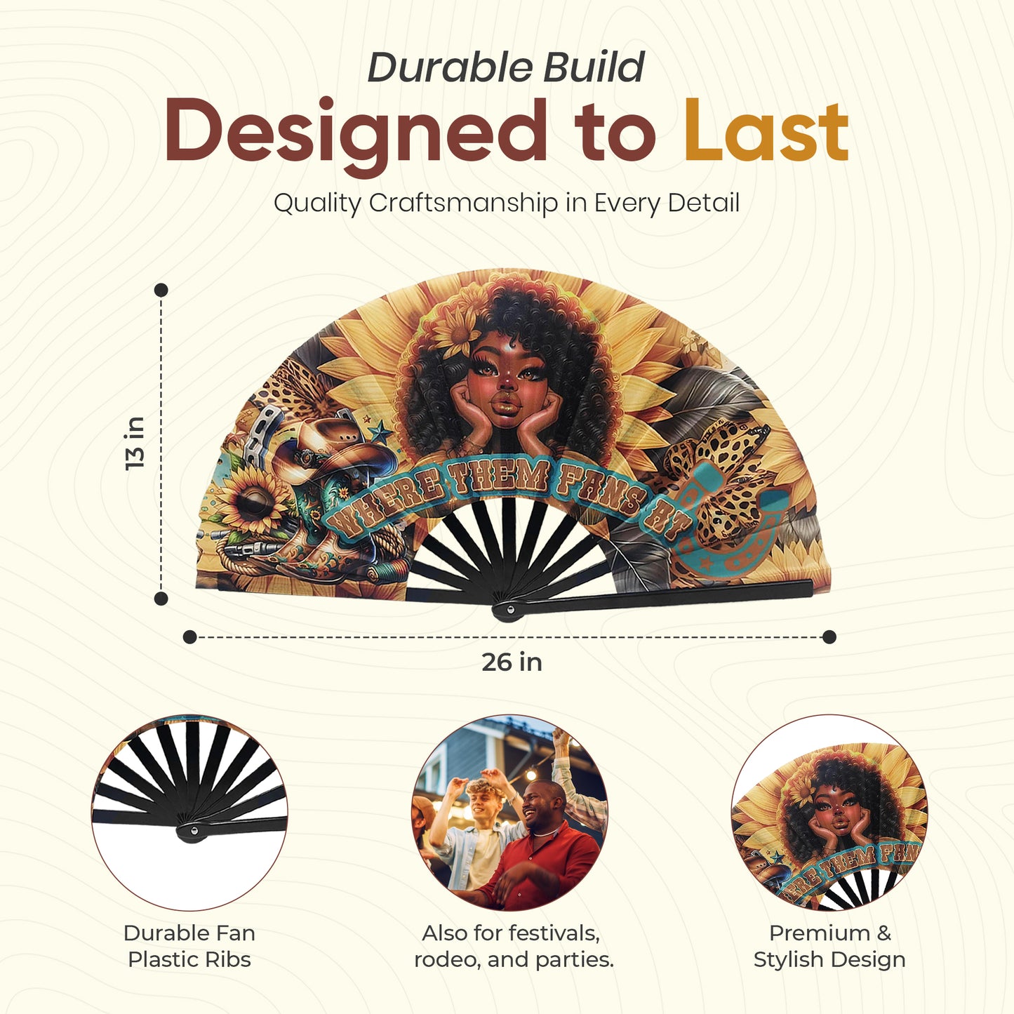 “Where Them Fans At” Afro Cowgirl Clack Fan – Sunflower, Leopard & Western Boots Design