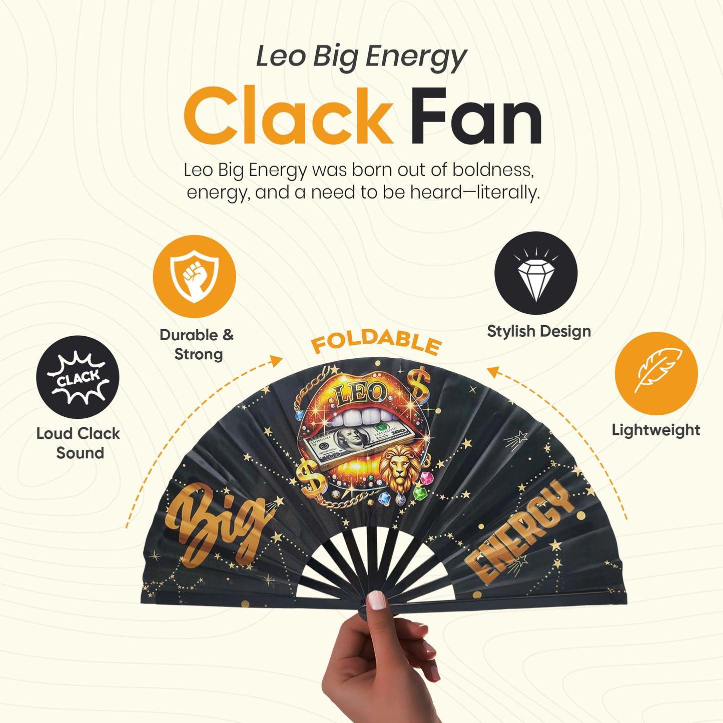 Leo Zodiac Clack Fan – Big Energy Glam Folding Fan | Sparkly Astrology Hand Fan | Premade Clack Fan | Leo Birthday Gift