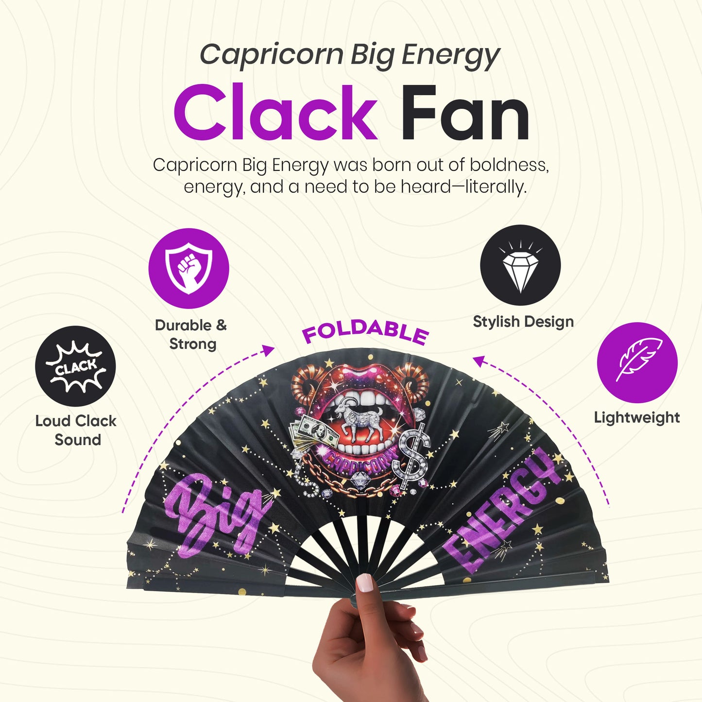 Capricorn Zodiac Clack Fan – Big Energy Glam Folding Fan | Sparkly Astrology Hand Fan | Premade Clack Fan | Capricorn Birthday Gift