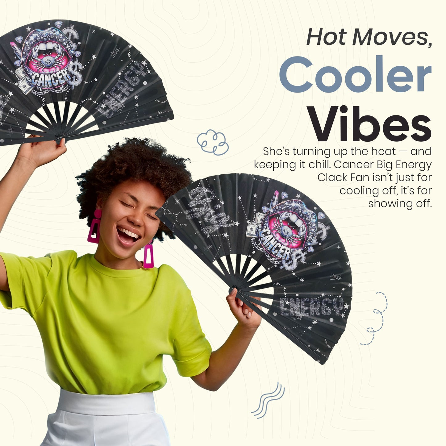 Cancer Zodiac Clack Fan – Big Energy Glam Style | Glitter Black Folding Fan | Astrology Gift | Birthday Gift | Custom Premade Fan