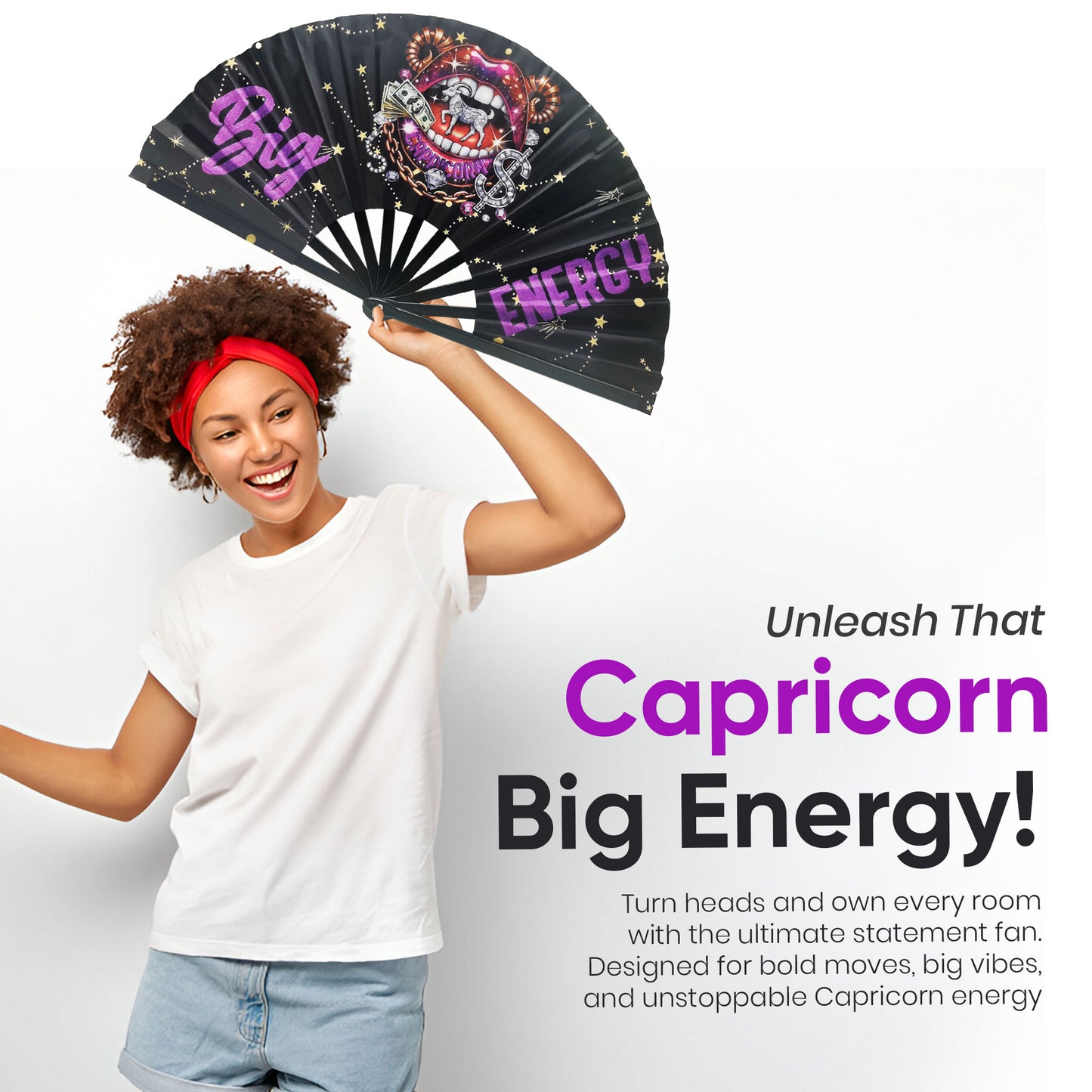 Capricorn Zodiac Clack Fan – Big Energy Glam Folding Fan | Sparkly Astrology Hand Fan | Premade Clack Fan | Capricorn Birthday Gift