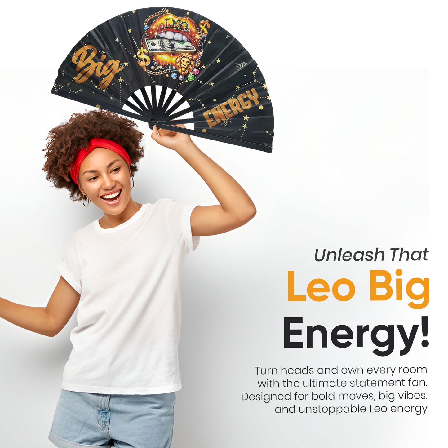 Leo Zodiac Clack Fan – Big Energy Glam Folding Fan | Sparkly Astrology Hand Fan | Premade Clack Fan | Leo Birthday Gift