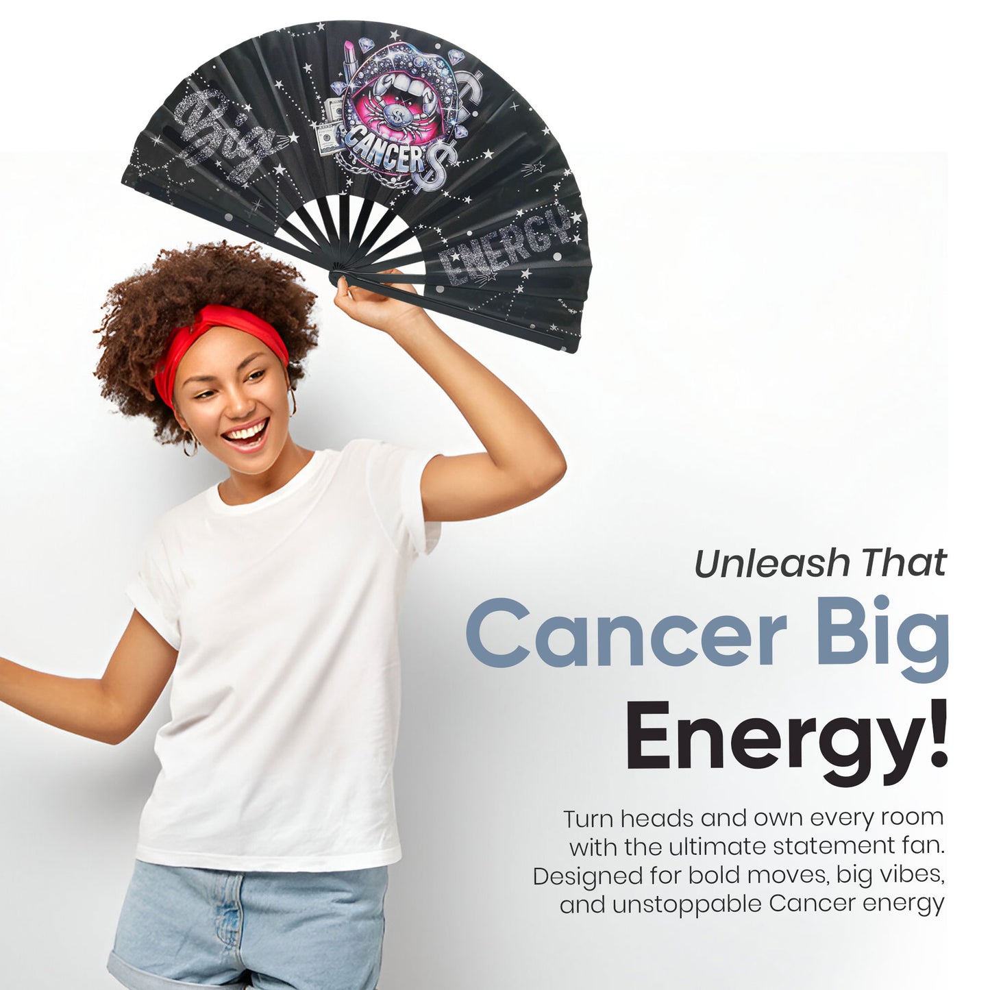 Cancer Zodiac Clack Fan – Big Energy Glam Style | Glitter Black Folding Fan | Astrology Gift | Birthday Gift | Custom Premade Fan