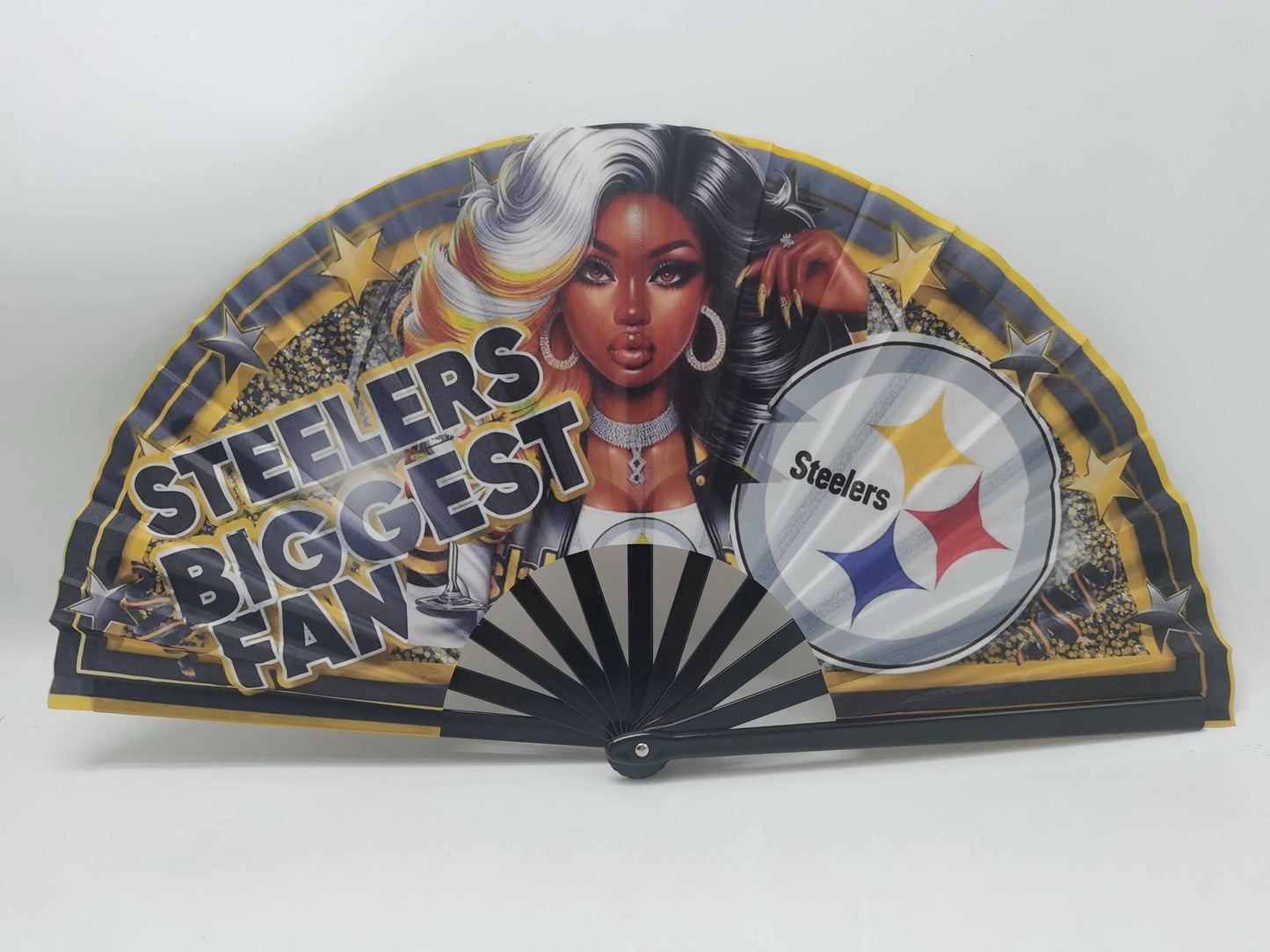 Steelers Biggest Fan Clack Fan – Black & Gold Glam Folding Fan | Pittsburgh Steelers Game Day Accessory | Premade Sports Fan Gift