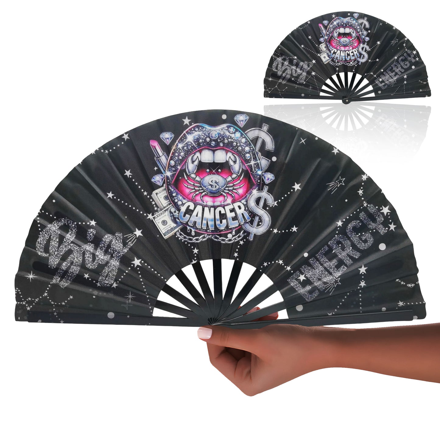 Cancer Zodiac Clack Fan – Big Energy Glam Style | Glitter Black Folding Fan | Astrology Gift | Birthday Gift | Custom Premade Fan