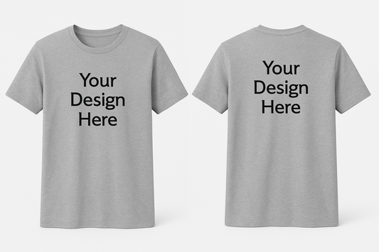 front and back shirt heather gray with your design here on the front and back