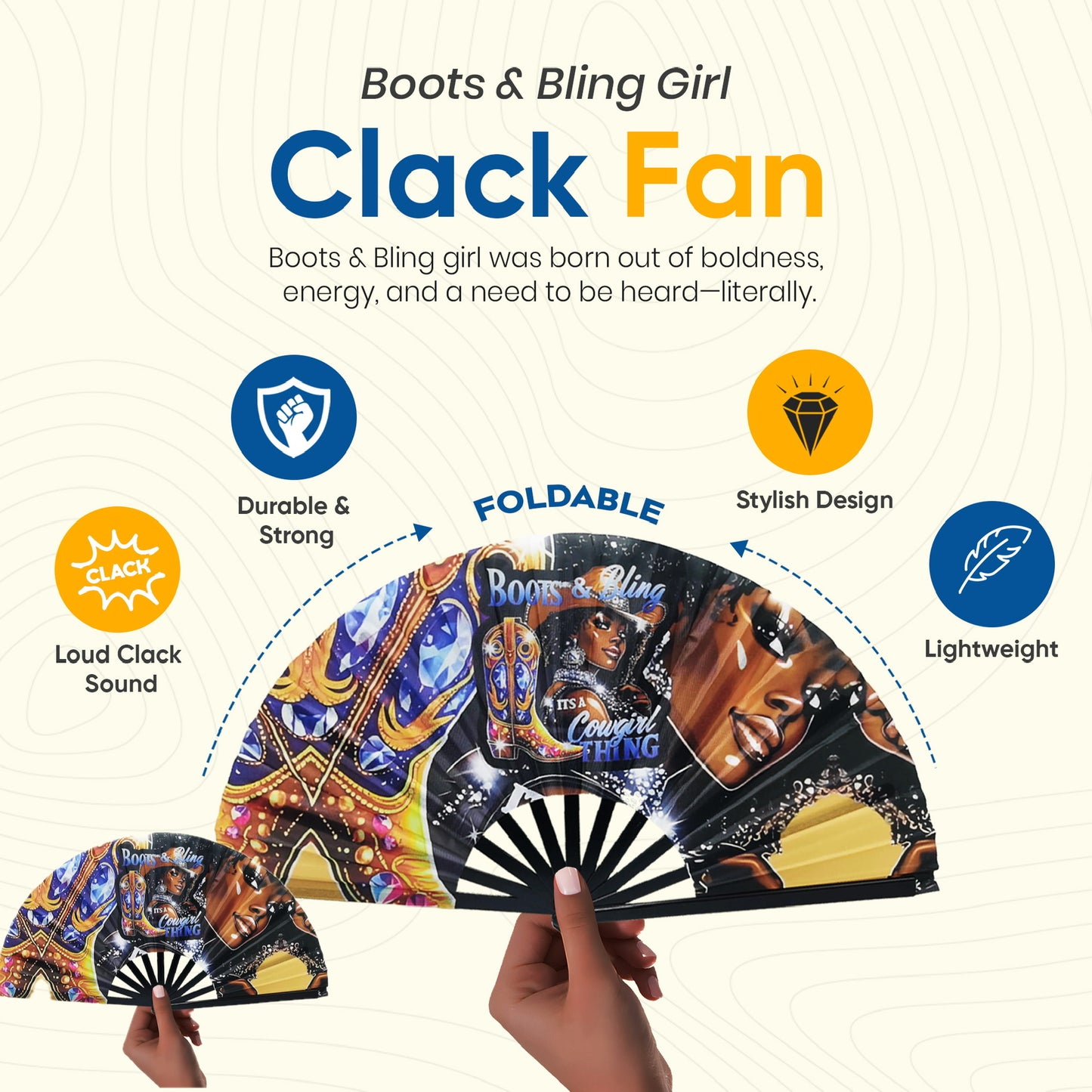“Boots & Bling – It’s a Cowgirl Thing” Clack Fan – Western Glam Premade Fan