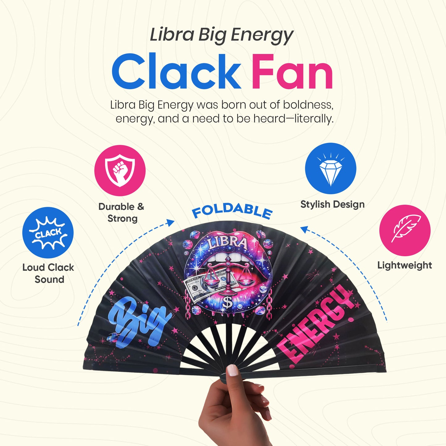Libra Zodiac Clack Fan – Big Energy Glam Folding Fan | Sparkly Astrology Hand Fan | Premade Clack Fan for Zodiac Lovers | Libra Gift