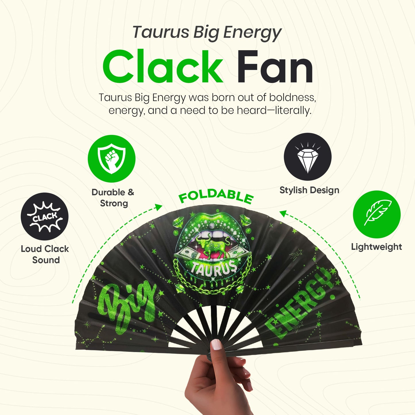Taurus Zodiac Clack Fan – Big Energy Glam Style | Sparkly Astrology Folding Hand Fan | Premade Clack Fan | Taurus Birthday Gift