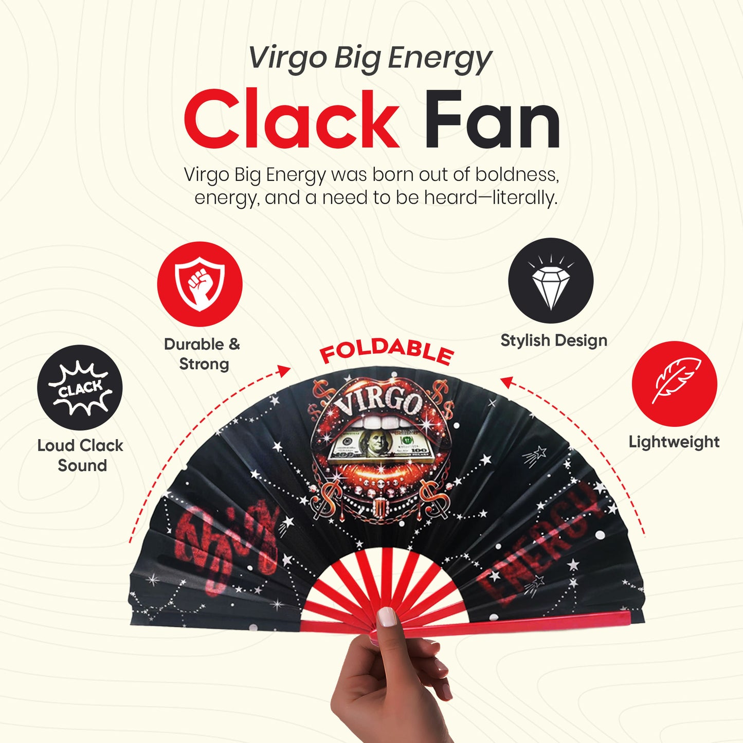 Virgo Zodiac Clack Fan – Big Energy Glam Style | Sparkly Astrology Folding Hand Fan | Premade Clack Fan | Virgo Birthday Gift
