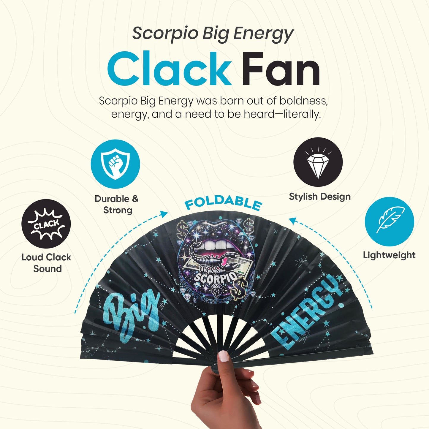 Scorpio Zodiac Clack Fan – Big Energy Glam Folding Fan | Sparkly Astrology Hand Fan | Premade Clack Fan | Scorpio Birthday Gift