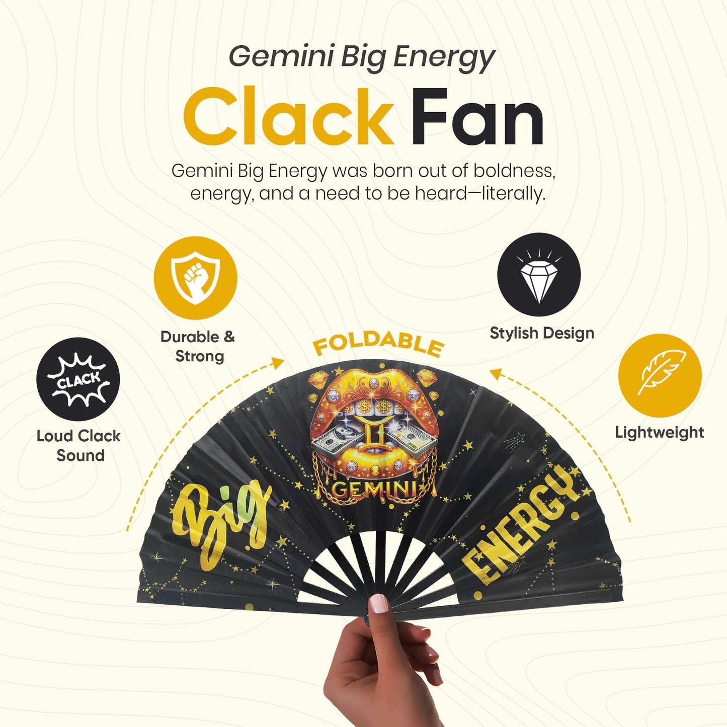 Gemini Zodiac Clack Fan – Big Energy Glam Fan | Sparkly Astrology Folding Hand Fan | Premade Clack Fan | Gemini Birthday Gift