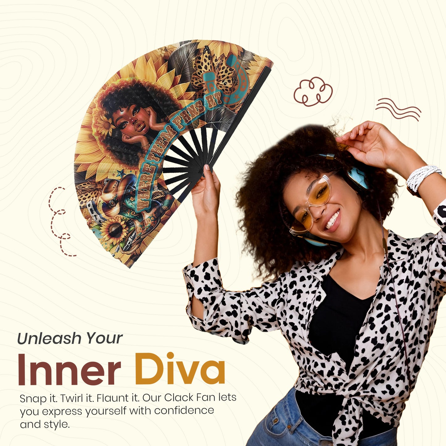 “Where Them Fans At” Afro Cowgirl Clack Fan – Sunflower, Leopard & Western Boots Design