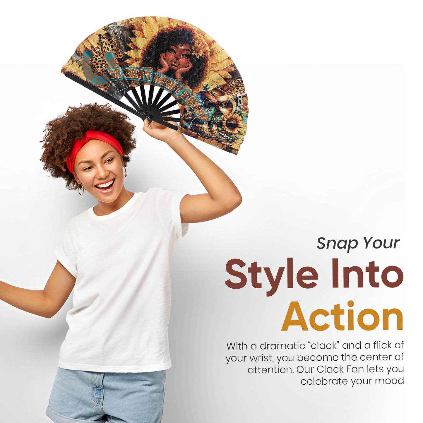“Where Them Fans At” Afro Cowgirl Clack Fan – Sunflower, Leopard & Western Boots Design