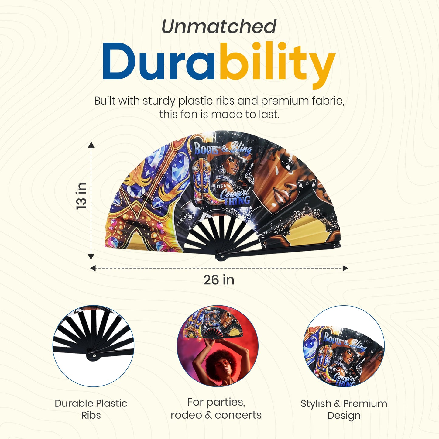 “Boots & Bling – It’s a Cowgirl Thing” Clack Fan – Western Glam Premade Fan