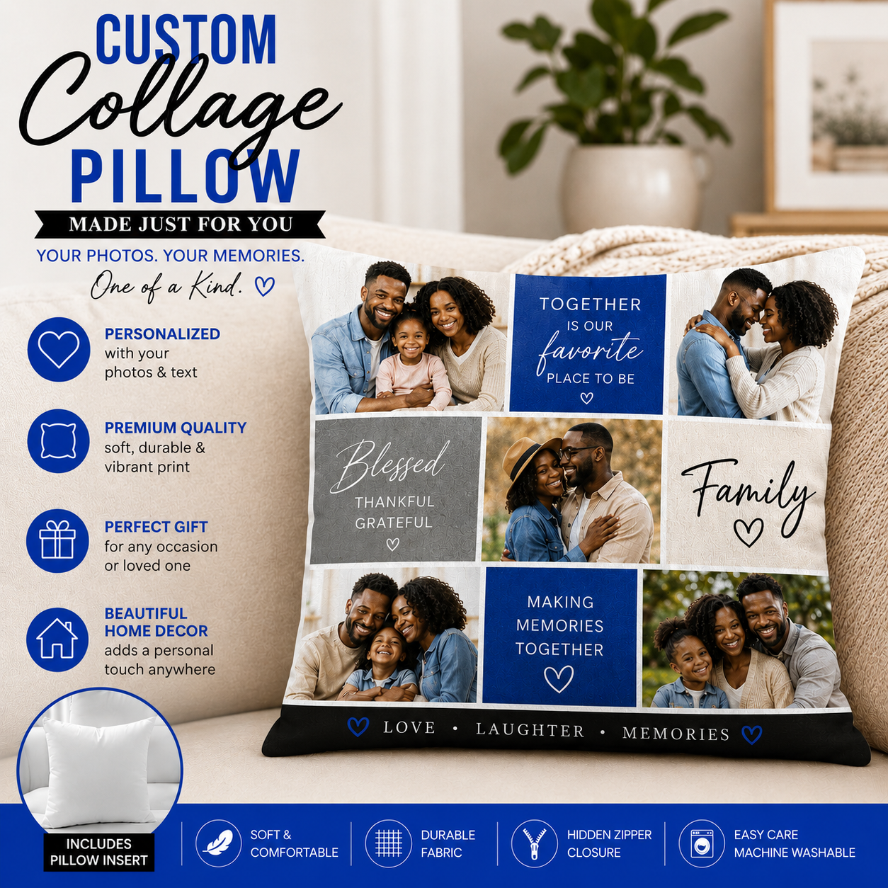 Custom Collage Pillow – Personalized Photo Memory Pillow | One-Sided with Pillow Insert | Custom Gift for Family, Couples & Memorials