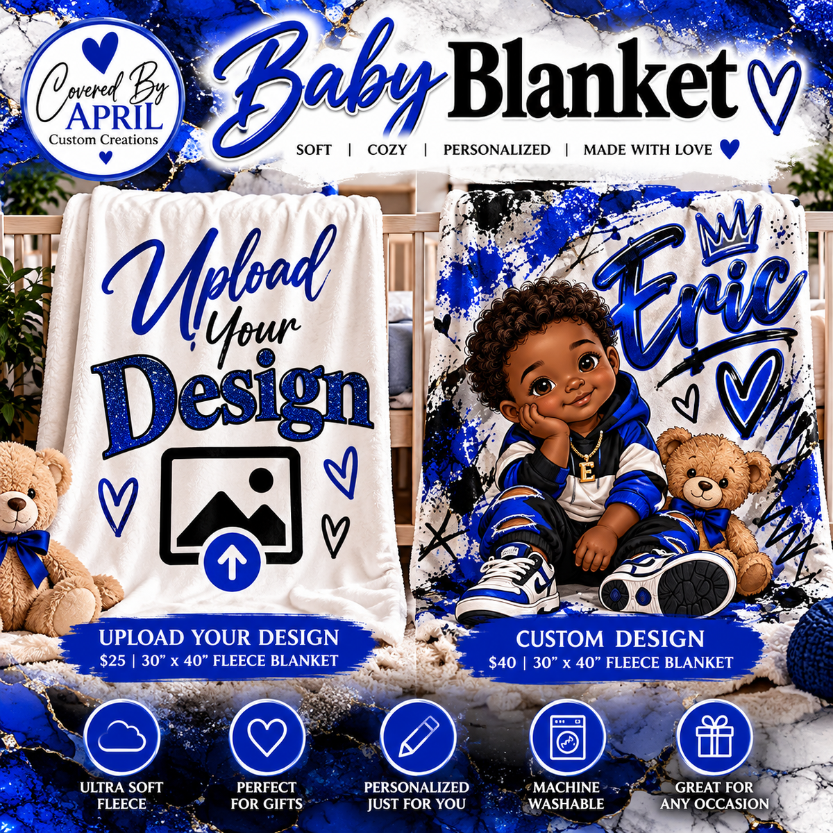 Custom Personalized Fleece Baby Blanket – 30" × 40"
