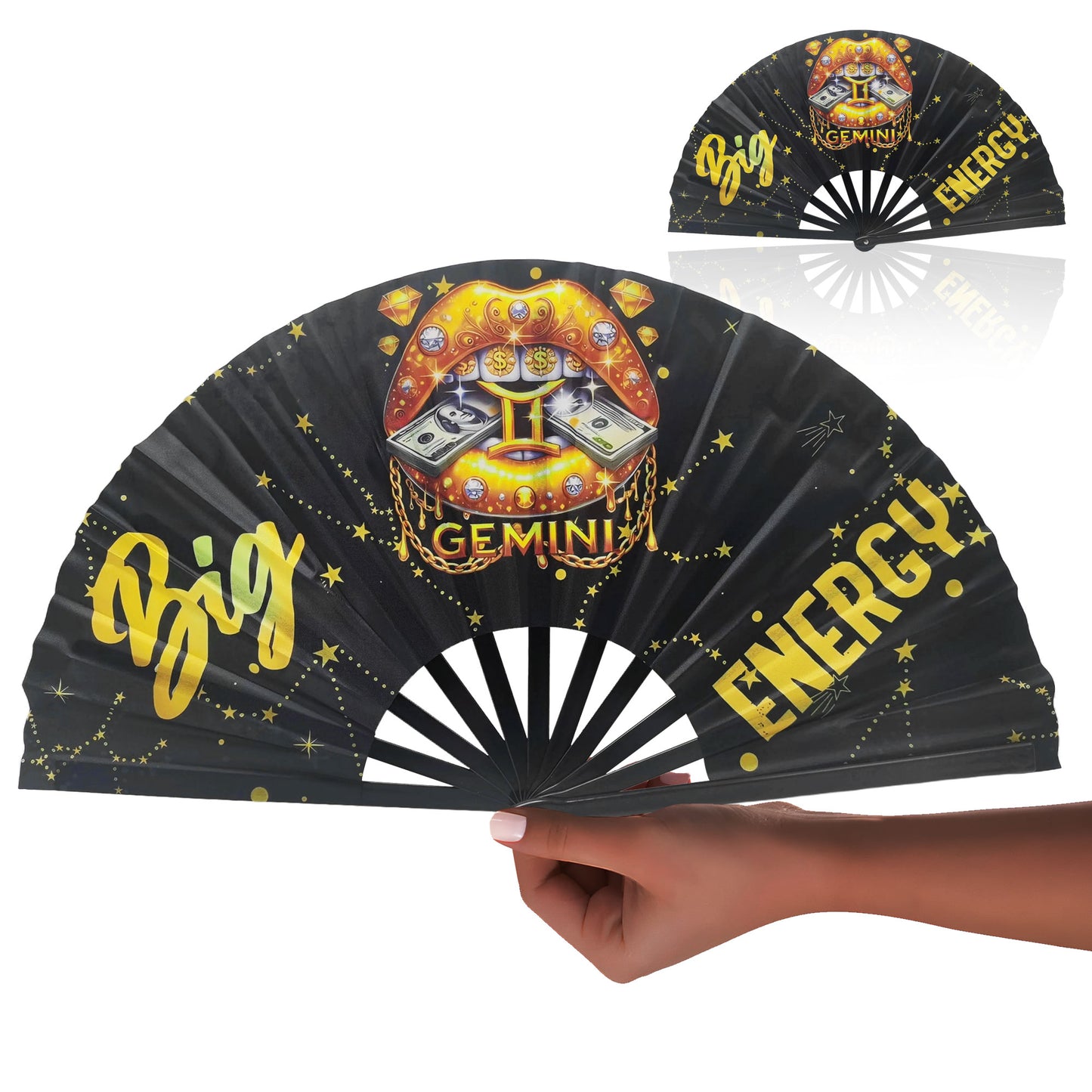 Gemini Zodiac Clack Fan – Big Energy Glam Fan | Sparkly Astrology Folding Hand Fan | Premade Clack Fan | Gemini Birthday Gift