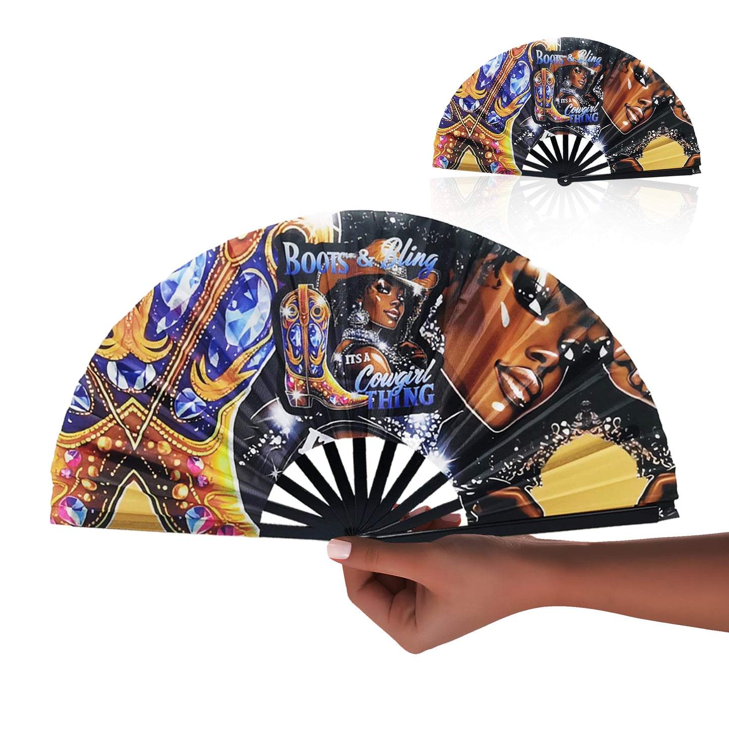 “Boots & Bling – It’s a Cowgirl Thing” Clack Fan – Western Glam Premade Fan