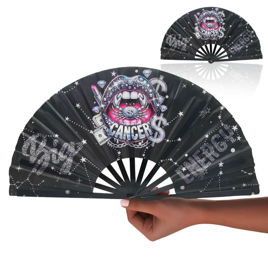 Cancer Zodiac Clack Fan – Big Energy Glam Style | Glitter Black Folding Fan | Astrology Gift | Birthday Gift | Custom Premade Fan