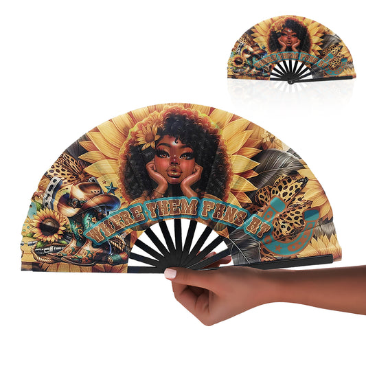 “Where Them Fans At” Afro Cowgirl Clack Fan – Sunflower, Leopard & Western Boots Design
